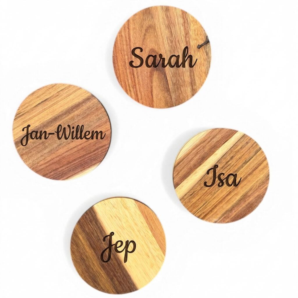 Set van vier ronde teakhouten onderzetters met je eigen tekst erin gegegraveerd